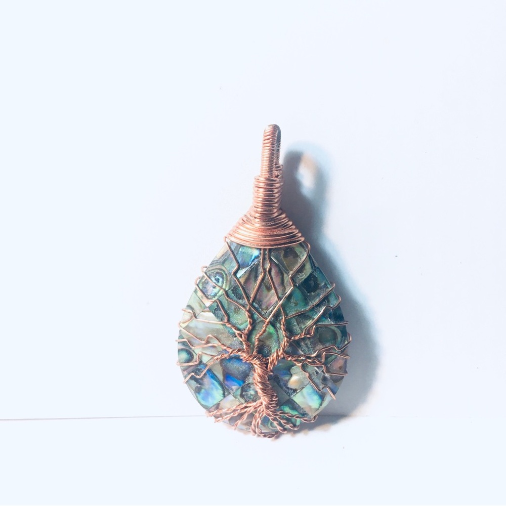 Tree of Life Mother Of Pearl + Copper Wire Wrapped Teardrop Tree Pendant